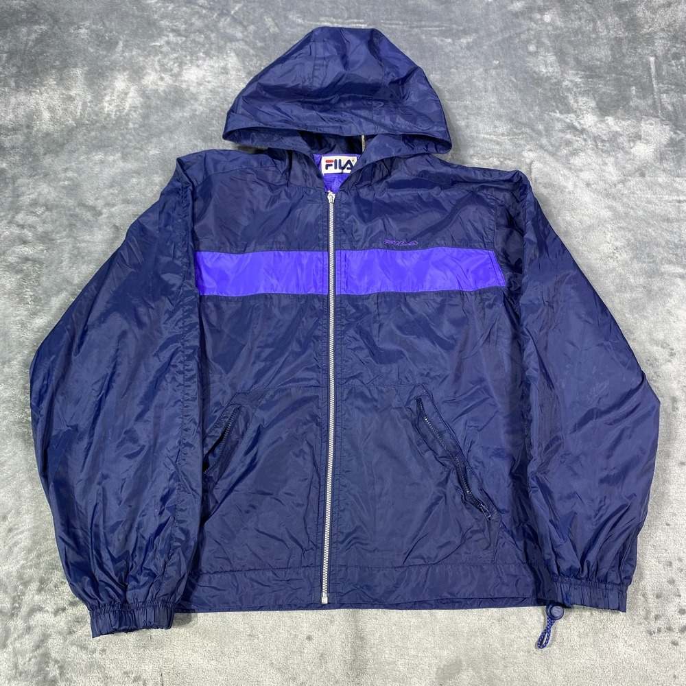 Vintage FILA Windbreaker Jacket Mens Small Purple Colorblock Hooded 90s Retro